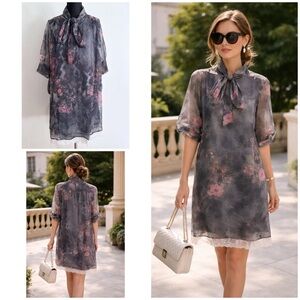 Dolce & Gabbana D&G Silk Gray Pink Floral Rose Bow Tied Front Shift Lace Dress